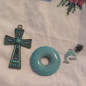Turquoise Cross, Natural Stone & Dolphin Pendant Set